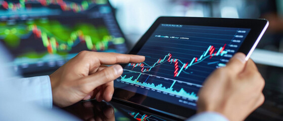 Stock trading investor, trader or broker using crypto exchange platform on digital tablet analysing exchange market chart investing money in financial market on tab screen with pad computer in hands.