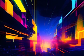 Colorful Neon Lights Illuminate Vibrant Digital of Abstract Cityscape from Above
