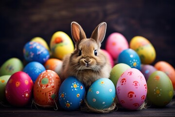Fototapeta na wymiar Cute creative photo with easter eggs, some eggs as the Easter Bunny - generative ai