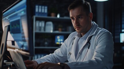 Fototapeta premium Doctor in clinic workspace conducting web consultation.