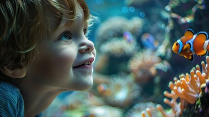 A Little child looking at fish in an aquarium