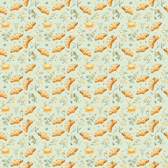 Croissant Macarons Patterns | Digital Pattern & Papers | Seamless Design | Bakery Cake Croissant Macaron Backgrounds | Flowers and Bee