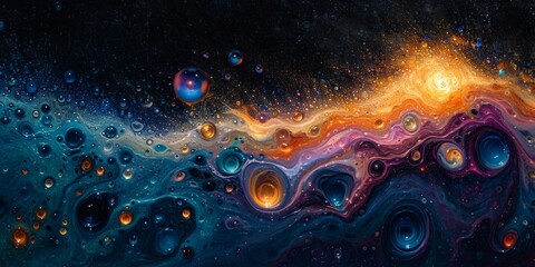 Abstract painting featuring water bubbles and stars in a dynamic composition. - obrazy, fototapety, plakaty