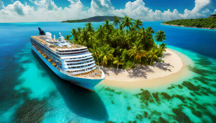 Aerial view of a large cruise ship in front of a small tropical island with palm trees and a beautiful sandy beach, surrounded by turquoise sea water. Generative Ai. - obrazy, fototapety, plakaty