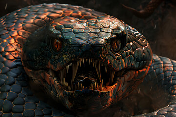 A mystical and enchanting image of a large, magical snake, shimmering with iridescent scales, embodying the allure and mystery of mythical creatures. 