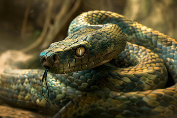 Obraz premium A mystical and enchanting image of a large, magical snake, shimmering with iridescent scales, embodying the allure and mystery of mythical creatures. 