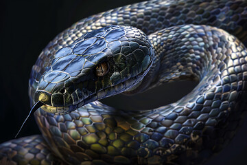 Fototapeta premium A mystical and enchanting image of a large, magical snake, shimmering with iridescent scales, embodying the allure and mystery of mythical creatures. 