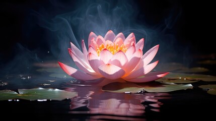 An open lotus flower on the lake. The concept of meditation and spirituality. Fabulousness and fantasy. - obrazy, fototapety, plakaty