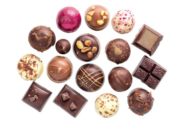 Various of chocolate pralines from top view isolated on background, collection tasty sweet dessert chocolate, piece of dark chocolate.
