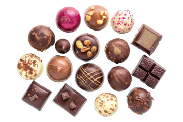 Various of chocolate pralines from top view isolated on background, collection tasty sweet dessert chocolate, piece of dark chocolate.