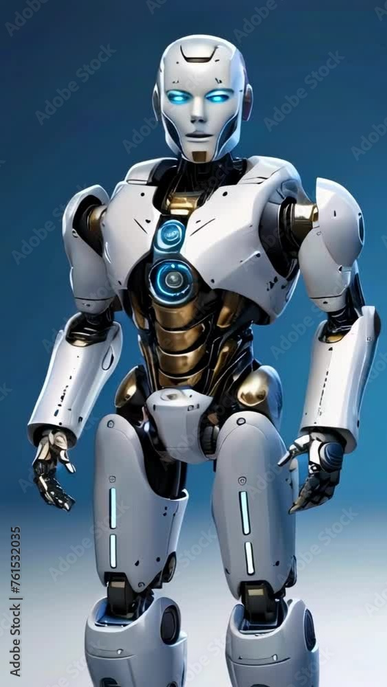 Poster humanoid robot with glowing red eyes. futuristic artificial intelligence concept for technology and 