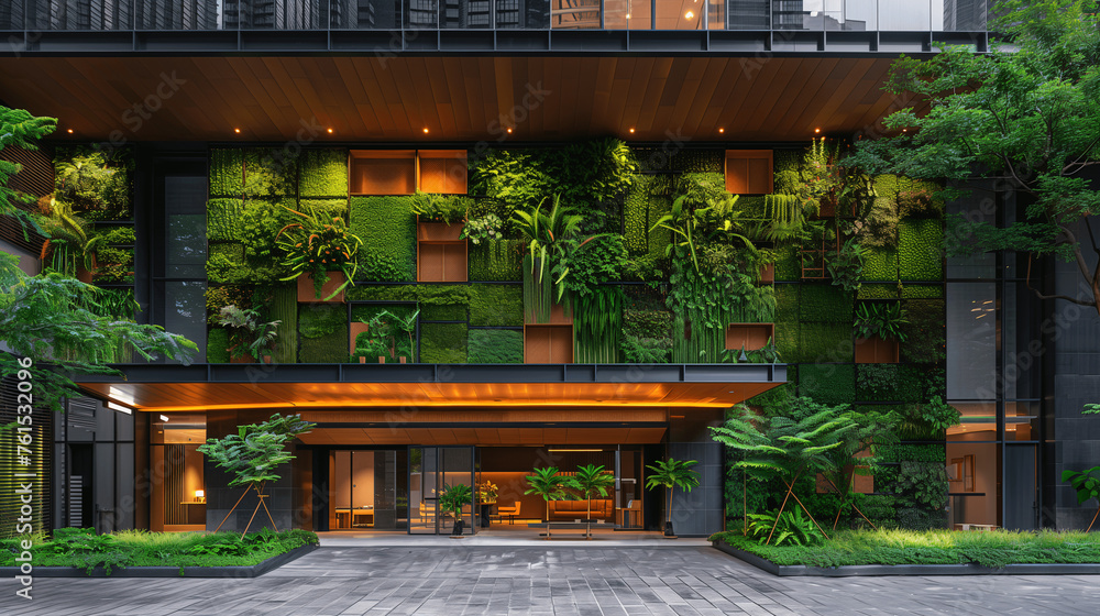 Wall mural modern building with vertical garden exterior and warmly lit entrance