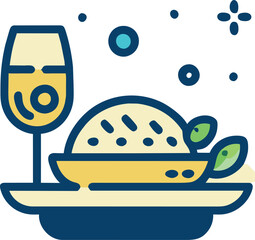 show wine glasses next to a plate of gourmet food items on white background, icon colored outline