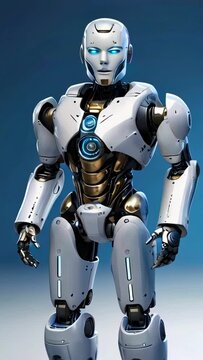 Humanoid robot with glowing red eyes. Futuristic artificial intelligence concept for technology and robotics design. Modern white android. Bot. Plain blue background. Motion. Vertical