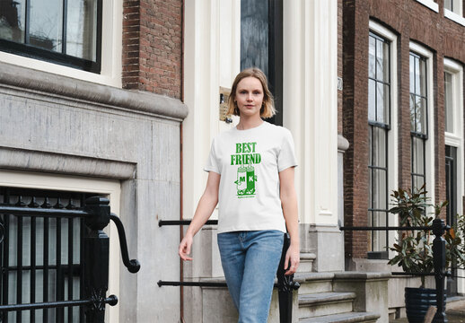 Mockup of woman in city wearing customized t-shirt