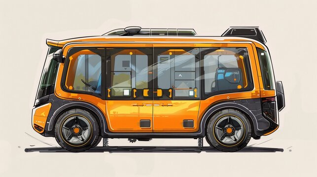 a hand-painted, beautiful intelligent campus mini bus, featuring solar charging. Include a detailed three-view drawing analysis, presented in black and white line drawing, single line style