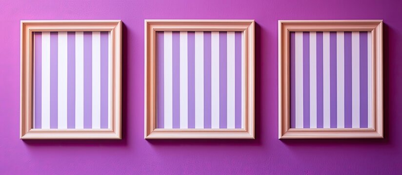 Three rectangular picture frames with a pattern of purple and white stripes hang symmetrically on a violet wall. The tints and shades of purple, magenta, and electric blue create a parallel design