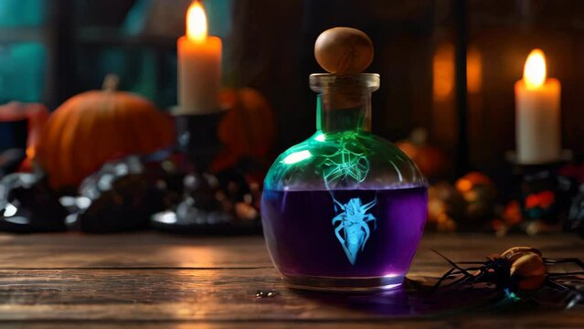Enchanted Halloween potion bottle glowing with a purple light. Pumpkin and candles create a spooky ambience. Concept of witchcraft, Halloween celebration, and mystical decorations. Motion.