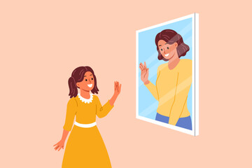 Mental connection between generations, in form of little girl looking in mirror and seeing mother saying hi. Schoolgirl dreams of becoming adult and sees herself in future, after change of generations