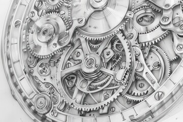 Pencil drawing of an intricate clock mechanism showcasing the gears