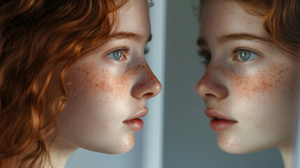 young redhead girl with freckles looks in the mirror, double reflection twin