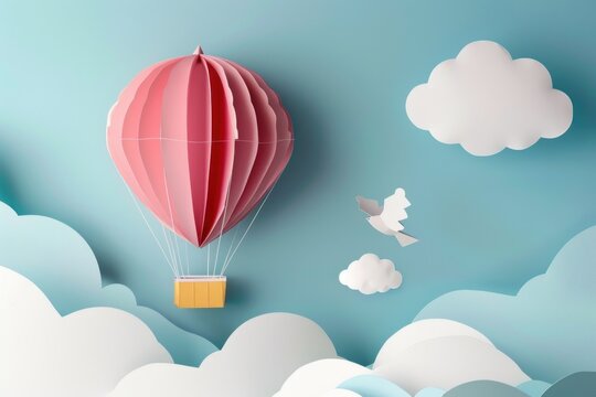 Papercraft art stock image of a whimsical paper hot air balloon floating in the sky