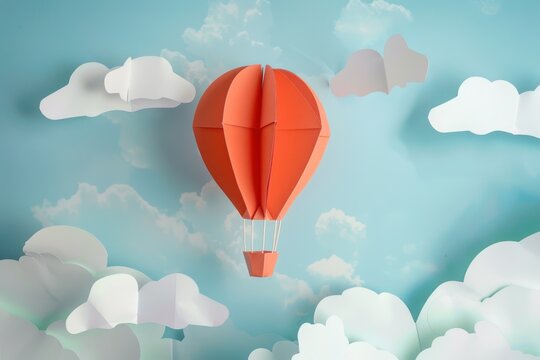 Papercraft art stock image of a whimsical paper hot air balloon floating in the sky