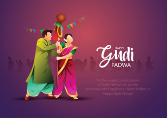 decorated background of happy Gudi Padwa celebration of India. celebrate with Maharashtrian family. vector illustration design - obrazy, fototapety, plakaty