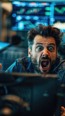 Shocked business man stock trading market investor broker, businessman trader feeling terrified looking at unbelievable financial charts. Money loss, stock market fall, economic recession bankruptcy.