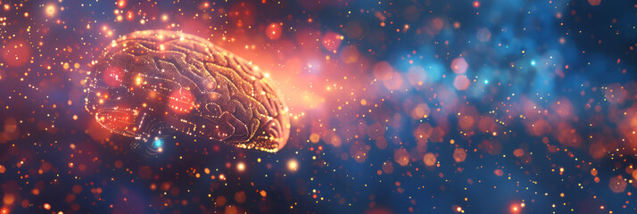 A surreal abstract image of a glowing human brain. National Mental Health Awareness.  horizontal conceptual banner with space for text - obrazy, fototapety, plakaty