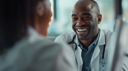 Smiling doctor discussing health concerns via telemedicine.