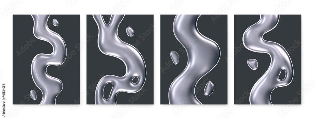 Wall mural 3d poster set with chrome liquid waves isolated on dark background. render of collection fluid metal