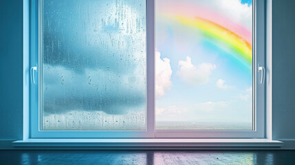 view from the window, good weather, rainbow after rain, drops on the window, bad weather with rain, mood, comparison