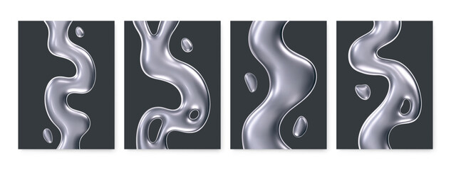 3D poster set with chrome liquid waves isolated on dark background. Render of collection fluid metal ribbon backgrounds with reflection effect flying in motion. 3d vector cyber chromemorphism poster