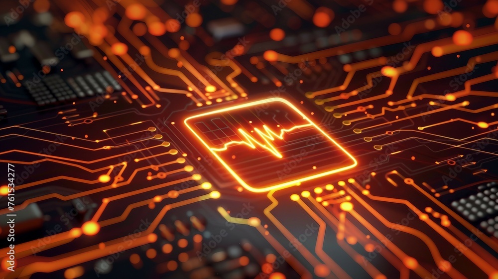 Poster a close-up view of a glowing heartbeat icon displayed on a microchip .