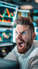 Angry stressed business man stock trading market investor or financial broker, businessman trader desperate with money loss, stock market fall crash drop, economic recession or bankruptcy.