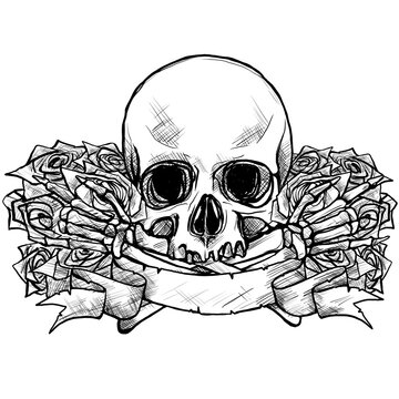 skull head roses metal hand sign black and white liner logo digital illustration painting art hand drawing transparent background 
