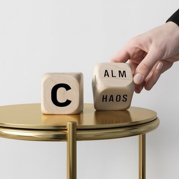 hand changing the wooden block from Chaos to Calm on a golden table with white background, concept of mind control and decision making in business or real life with copy space