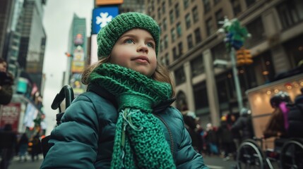 A girl in a wheelchair wearing a green scarf on the street watches the parade.