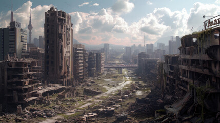Obraz premium devastation in the city from the war, households were destroyed, ruins and ruins, lifeless