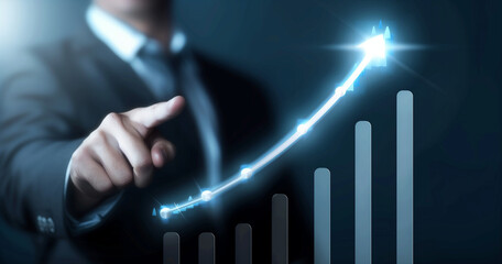 Development and growth concept. Businessman plan growth and increase of positive indicators in his business.