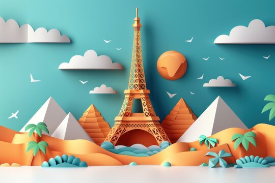 Papercraft art stock image of a paper recreation of famous landmarks Eiffel Tower and Pyramids