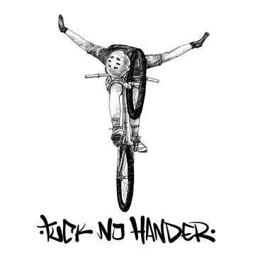tuck no hander skull head bike trick while flying with mtb mountain biking slopestyle dirtjump downhill hardtail 26 inch digital painting illustrate black white cross hatching style hand drawn art 

