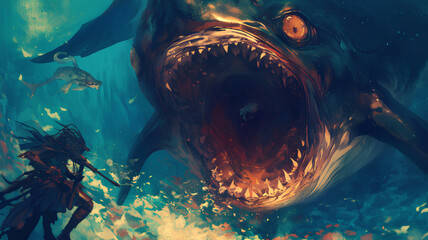 big scary sea monster from the dark sea, 2d illustration - obrazy, fototapety, plakaty