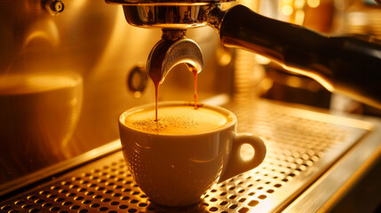 Close-up of espresso being brewed into white ceramic cup, warm tones accentuating fresh coffee aroma and machine details - obrazy, fototapety, plakaty