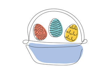 Wicker basket with colorful Easter eggs. Continuous one line drawing. Vector illustration isolated on white backdrop. Festive decoration. For Easter promotions, greeting cards, holiday invitations