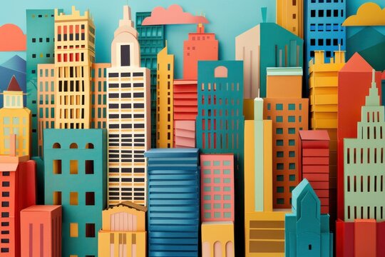 Papercraft art stock image of a paper art deco cityscape geometric shapes and bold colors