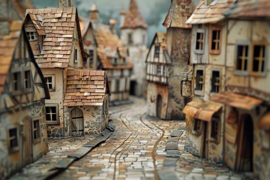 Papercraft art stock image of a medieval village paper houses and cobblestone streets