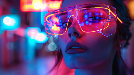Close-up image with neon light reflections offering a futuristic atmosphere around a veiled subject