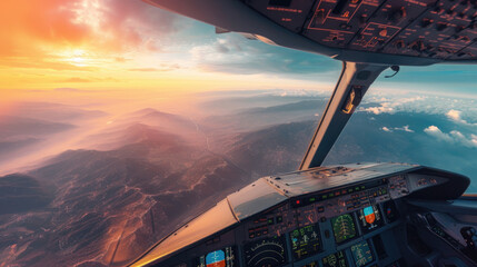 view from the airplane window from the cockpit, electronic displays, misty mountains, dawn,